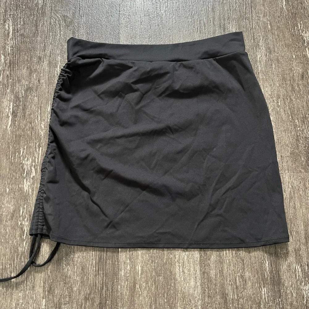 Ta3‎ Black Mini Skirt Drawstring Ruched Side Stretch Casual Activewear L